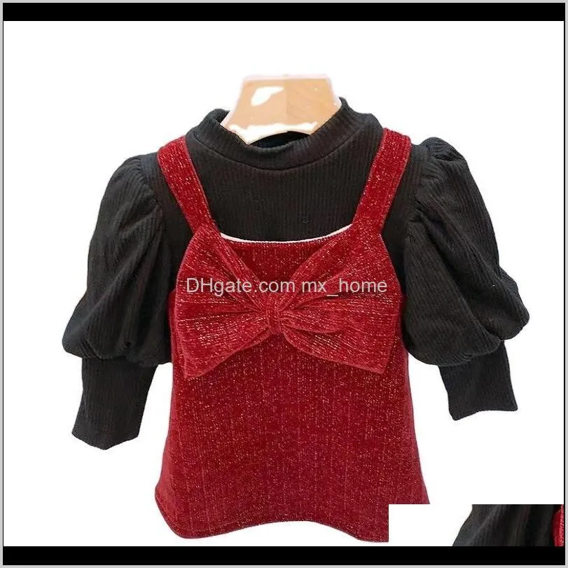 girls knitting and velvet thickening puff sleeve bottoming shirt + bowknot vest dress kid`s winter knit top new children`s wear