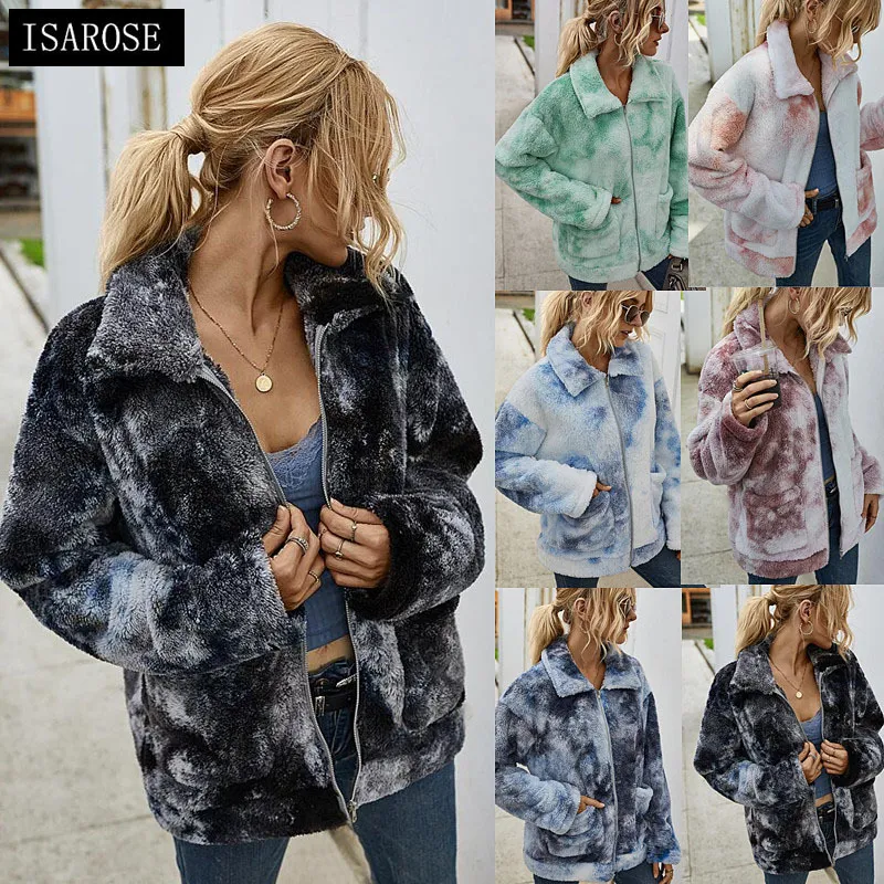 ISAROSE Hiver Chaud Manteau Vestes Tie Dye Coral Fleece Zipper Manches Longues Col Rabattu Casual Streetwear Femmes Fluffy Tops 210422