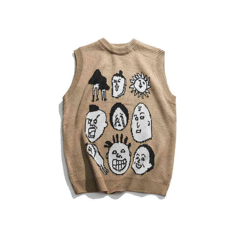 Japanska Harajuku Stickad grafisk väst för män och kvinnor Urban Streetwear Sticka Ukiyo-E Pullover Sweater Vest Plus Size 211215