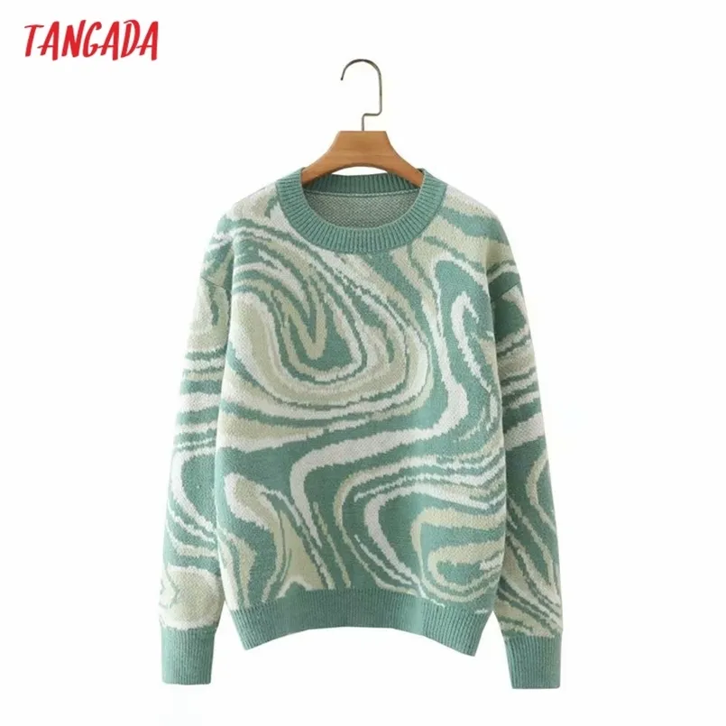 Tangada Women Green Maglione lavorato a maglia Maglione O Collo Donna High Street Oversize Pullover Chic Top 2X27 211215