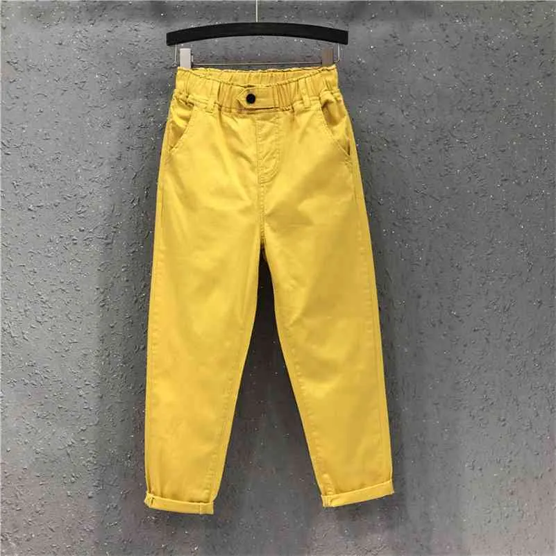 Arrival Summer Women Harem Pants All-matched Casual Cotton Denim Pants Elastic Waist Plus Size Yellow White Jeans D321 210715