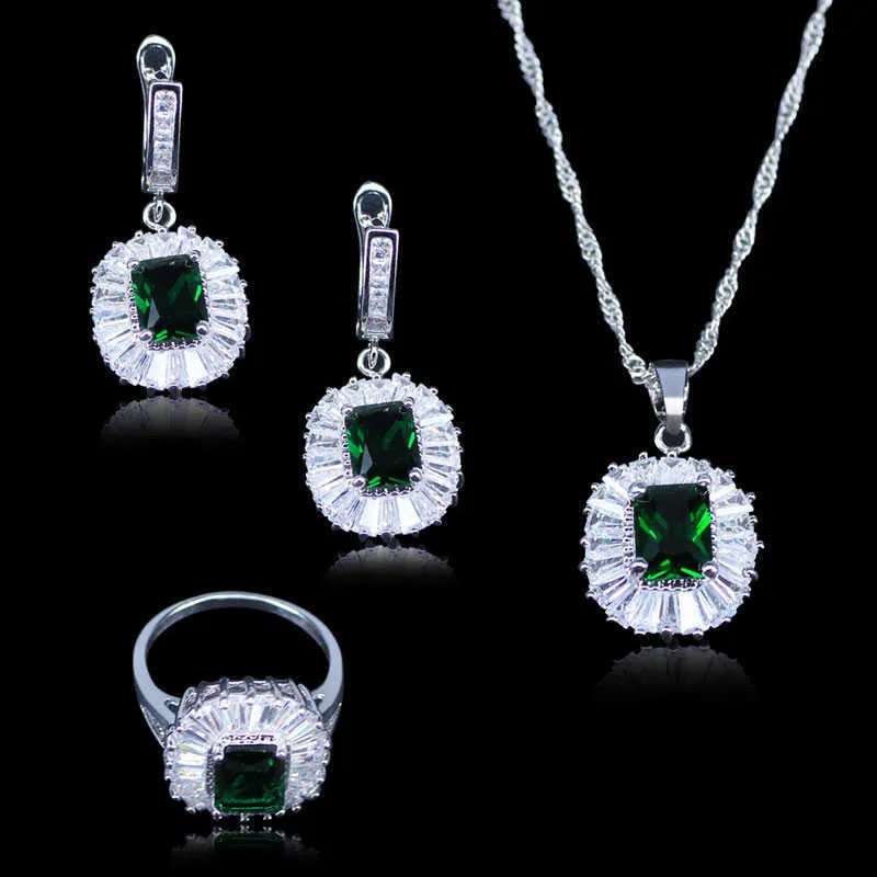 Dubai Style Surprise Cadeau Pour Les Femmes Vert / Blanc / Bleu / Rouge Cristal Blanc Zircone Argent Couleur Mariage / Fête Ensembles De Bijoux Pour Les Femmes H1022