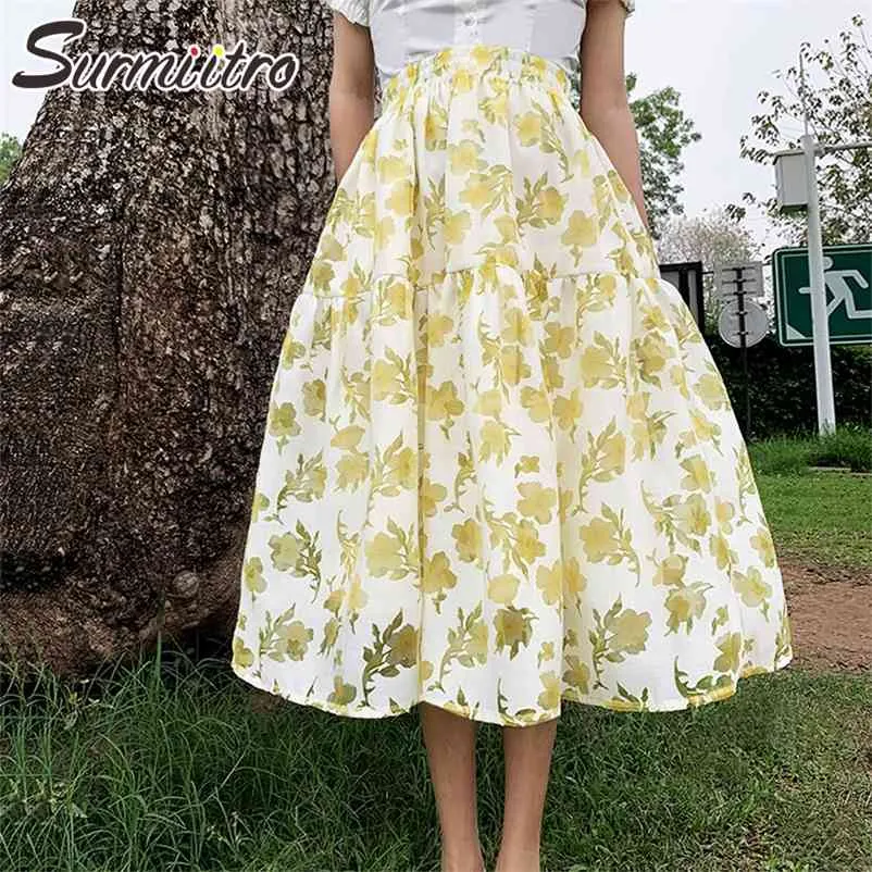 Vår sommar lång tulle kjol kvinnor koreansk stil blommig tutu hög midja estetisk midi pläterad kvinnlig 210421