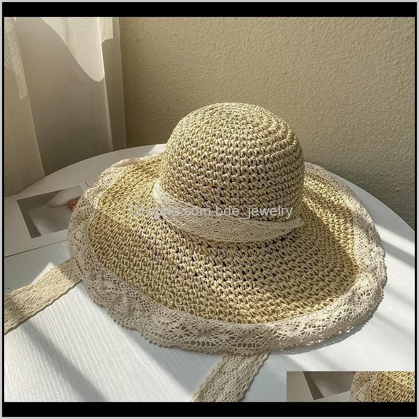 hat female straw korean style tide summer thin section breathable lace hollow small  windproof rope beach hats women wide brim