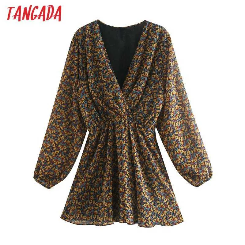 Tangada mode frauen gelb floral print chiffon kleid ankunft Langarm Damen tunika Kleid 5Z04 210609