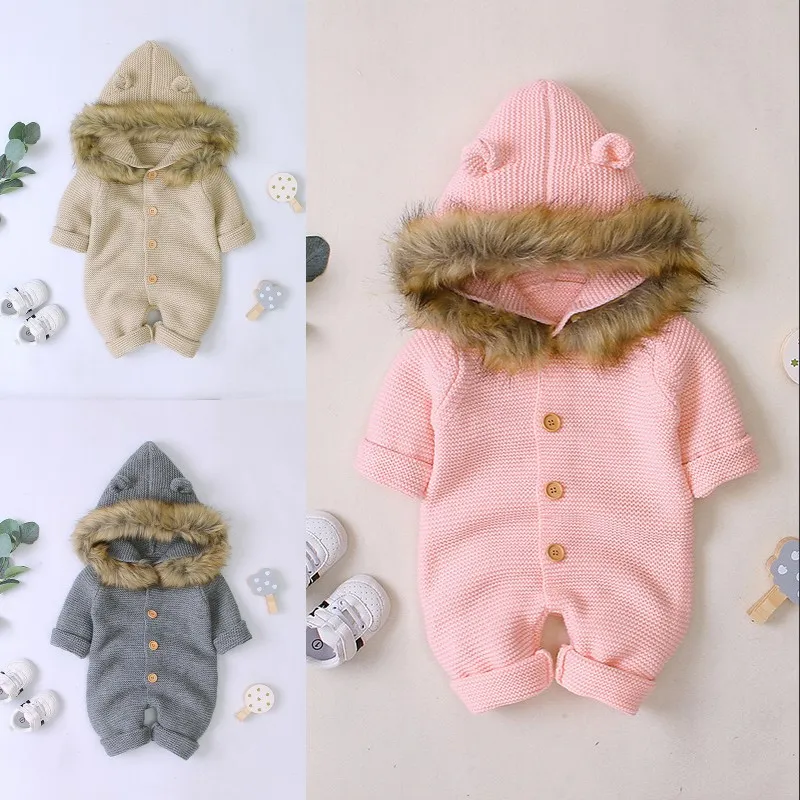 Baby Rompers Knitted Clothes Autumn Long Sleeve Newborn Boys Girls Hooded Infant Kids Jumpsuits Solid Toddler Kids Playsuits Top 999 X2