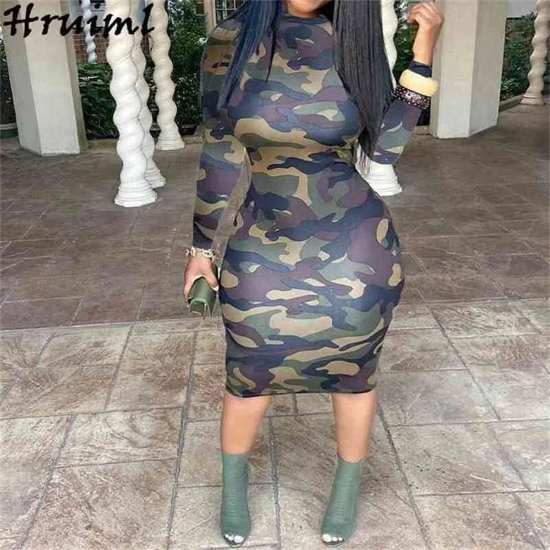 Fashion Bodycon Woman Dress Autumn Camouflage Print Long Sleeve O