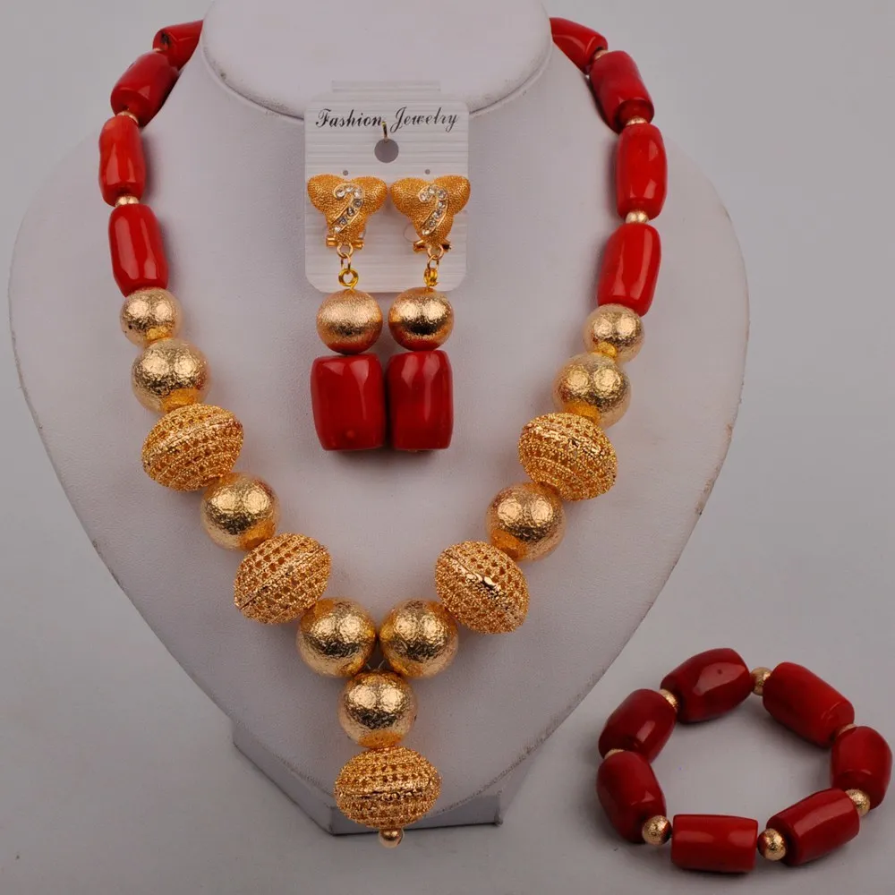 Nigerian Dubai Gold African Necklace Earrings Bracelet for Women Red Coral Beads Wedding Jewelry Set