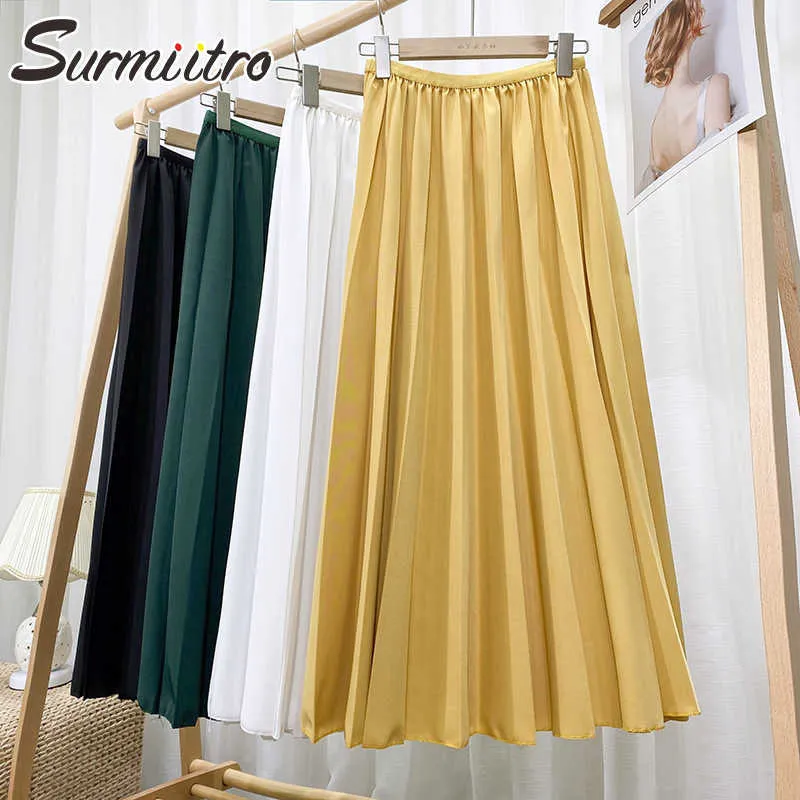 SURMIITRO Super Qualité Printemps Été Longue Maxi Jupe Femmes Style Coréen Élégant Jaune Taille Haute Jupe Plissée Femme 210712