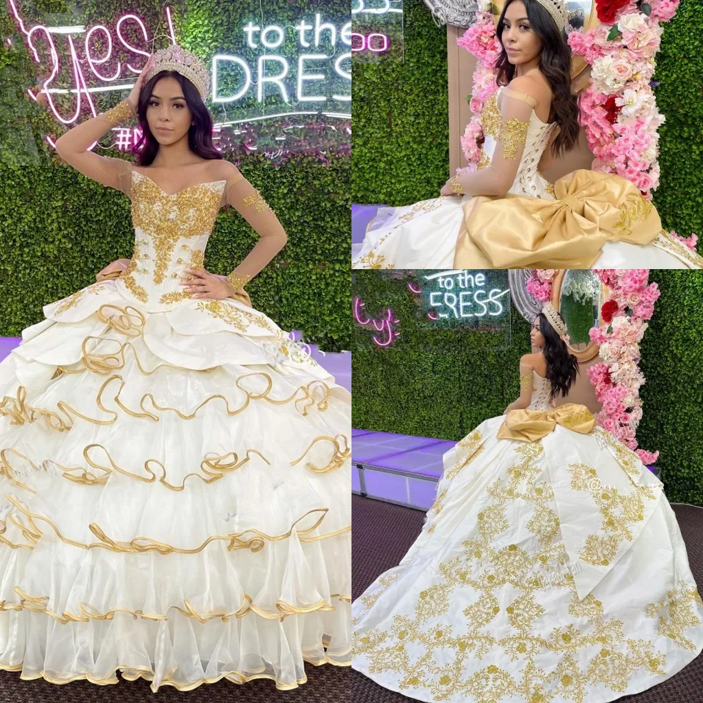 Vestidos de 15 Años 2021 Органза IVORY Gold Princess Quinceanera Платья Аппликации Орфелс Бальное платье Sweet 16 Платье