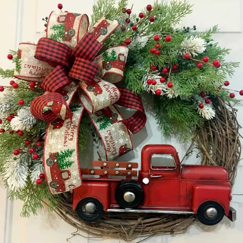 Couronne de Noël de camion rouge, guirlandes artificielles de porte d'entrée d'automne rustique, cerises de ferme avec ruban suspendu, couronne festive H1020