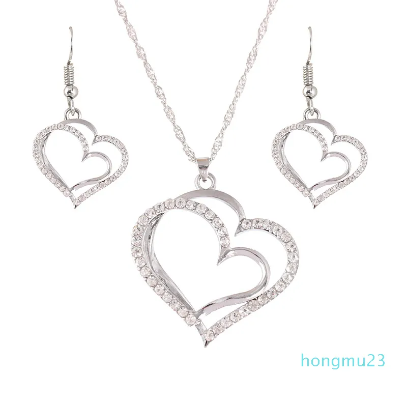 Duplo coração brinco colares de prata dourada cores pêssego coração colar brincos conjunto mulheres conjuntos de jóias de casamento