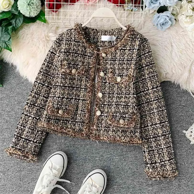 Herfst Winter Vintage Tweed Jas Jas Vrouwen Kleine Geur Patchwork Koreaanse Wollen bijgesneden Jassen Elegante korte bovenkleding 210818