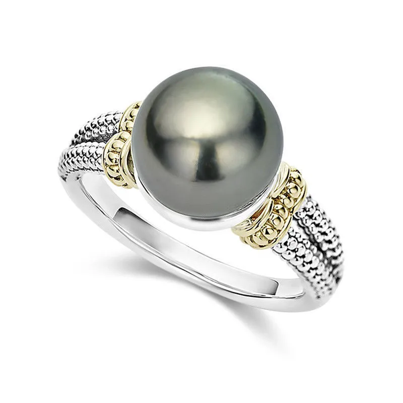 Anel de pérola cinza europeu e americana para mulheres inlay zircão cúbico 925 anel de noivado de prata jóias 210507