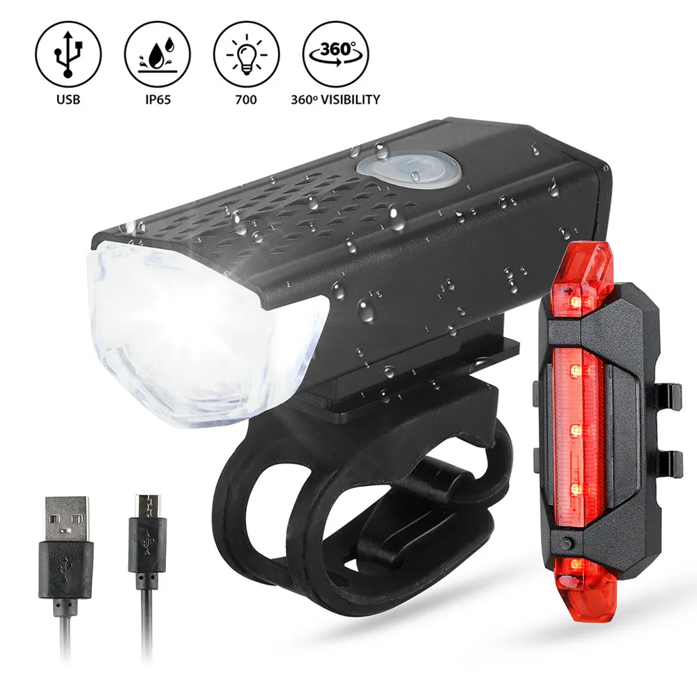 USB oplaadbare licht LED-bergcyclus Voorfietsverlichting en 3 kleuren achterlicht Waterdichte FlashLigh Fietslamp Set