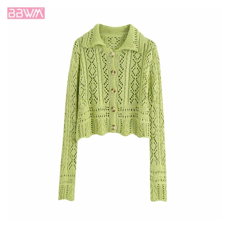 Vintage High Waist Jacquard Knit Female Cardigan Hollow Mesh Long Sleeve Single Breasted for Fall Women's Sweater 210507