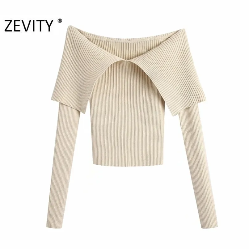 Zevity Women Sexy Slash Neck Solid Color Slim Knitting Sweater Femme Chic Basic Long Sleeve Casual Pullovers Brand Tops S477 210914