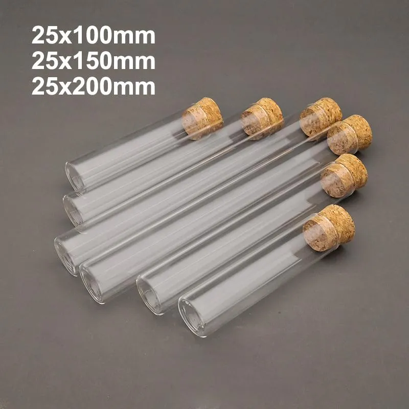 Lab Supplies 5-10-20pcs 25x100mm / 25x150mm 25x200mm Clear Flat Bottom Thickening Glass Test Tube With Cork Plugs