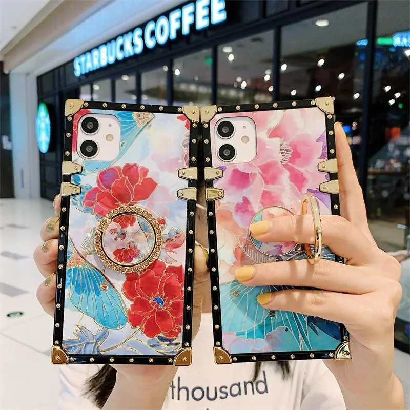 贅沢なキラキラの花の柔らかい正方形の電話ケース蝶のレトロなバラの花のリングホルダーカバーLG K51 Stylo 4 5 6 Stylo7 Stylo4 K61 iPhone 13 Pro Max Case