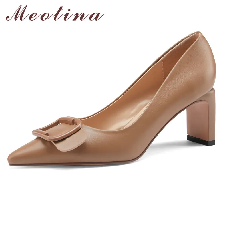 Meotina Pumpsの女性分厚いかかと自然な革の靴尖ったつららバックルハイヒールの靴女性浅い履物42 43 210520