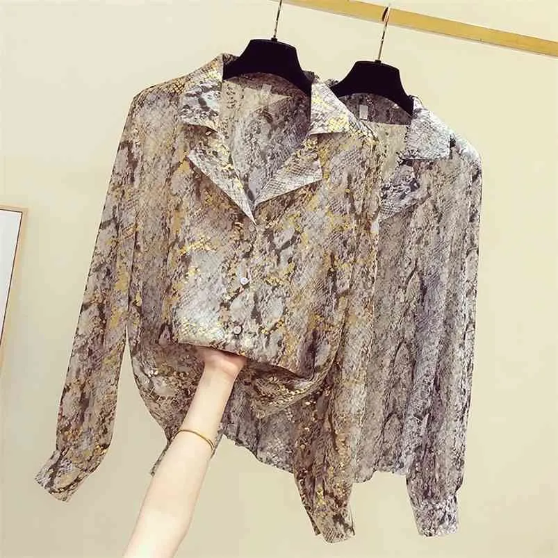 Snake Print Bronzing Chiffon Shirt Kvinnor Vår och Sommar Koreansk Top Fashion Loose Blouse Kvinna GX1433 210507