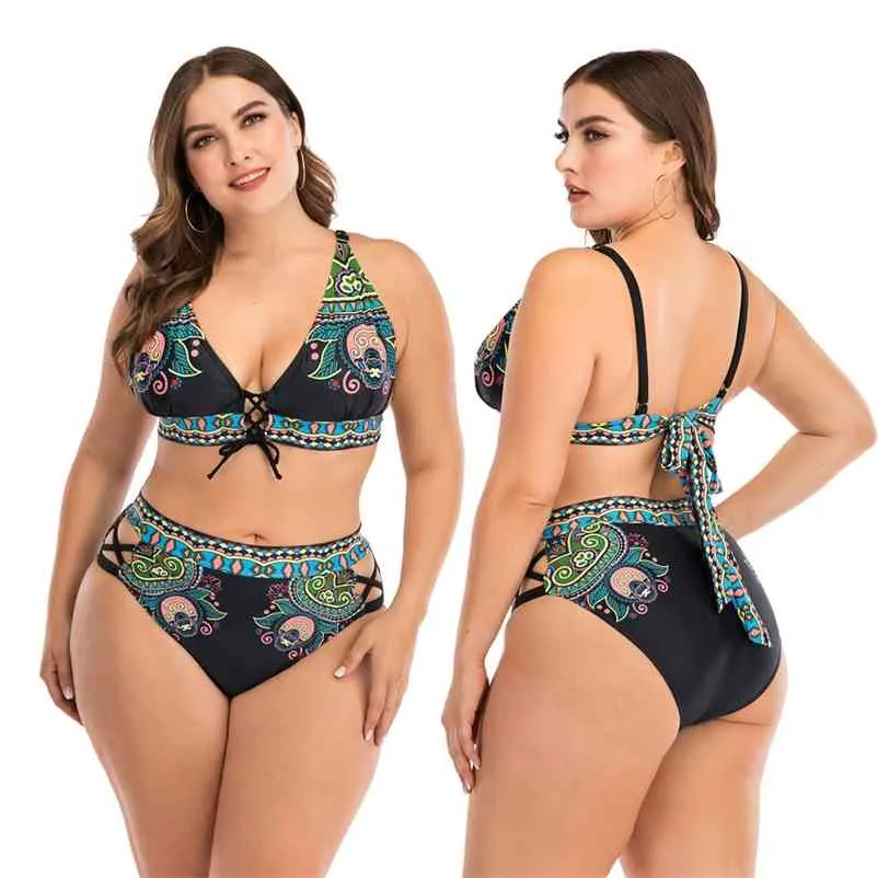 Frauen Hohe Taille Bikinis Set Badeanzug Plus Size Bademode Große Große Plussize Badeanzüge Beachwear Tragen Für Weibliche 210621