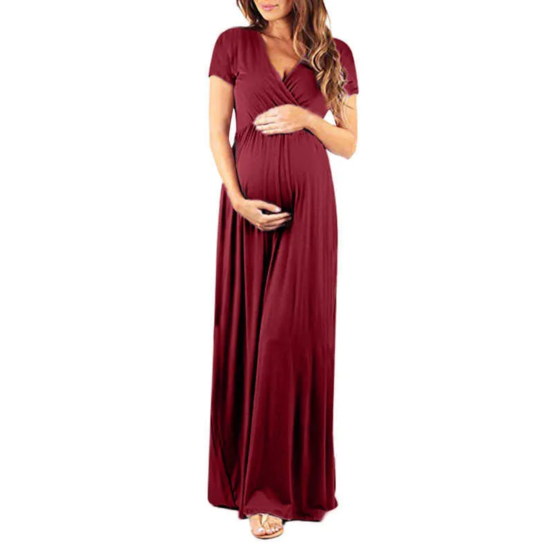Qunq maternidade vestido v-pescoço sexy cor sólida estilo longo grávida mulher vestidos verão elegante roupa de maternidade 2020 novo Y0924