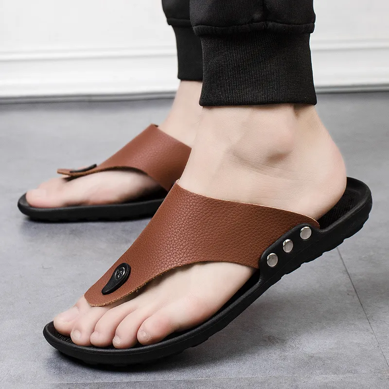 Män flip flops sommar strand sandaler tofflor för män lägenheter hög topp icke-glida pu skor män plus storlek 44 utomhus casual skor 2020