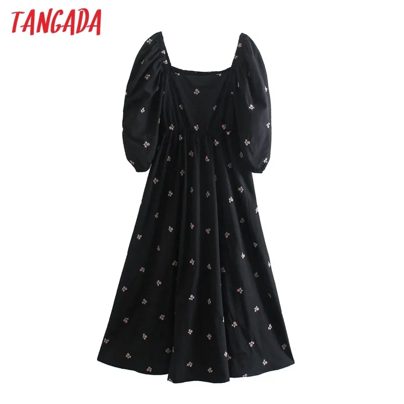 Women Black Embroidery Romantic Dress Short Sleeve Females Midi Dresses Vestidos 5Z64 210416