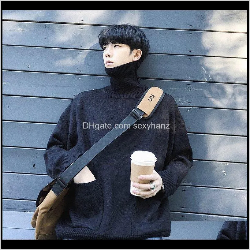 2018 autumn and winter high collar double pocket sweater solid color casual pullover white / black / blue red army green 9ihq#