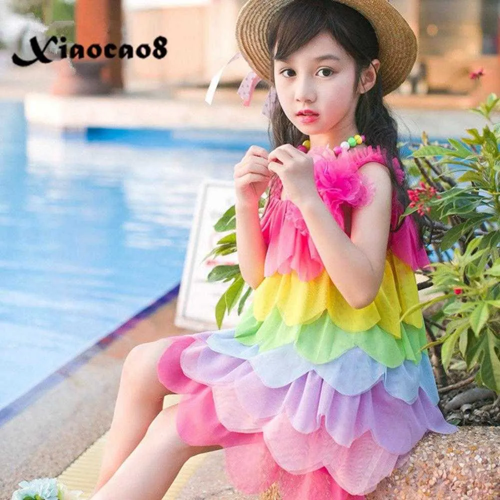 Toddler Girls Summer Dress Kids Sleeveless Beach Dresses for Girls Cute Rainbow Layered Party Dress Chidlren's Clothing 8 10 6 Q0716