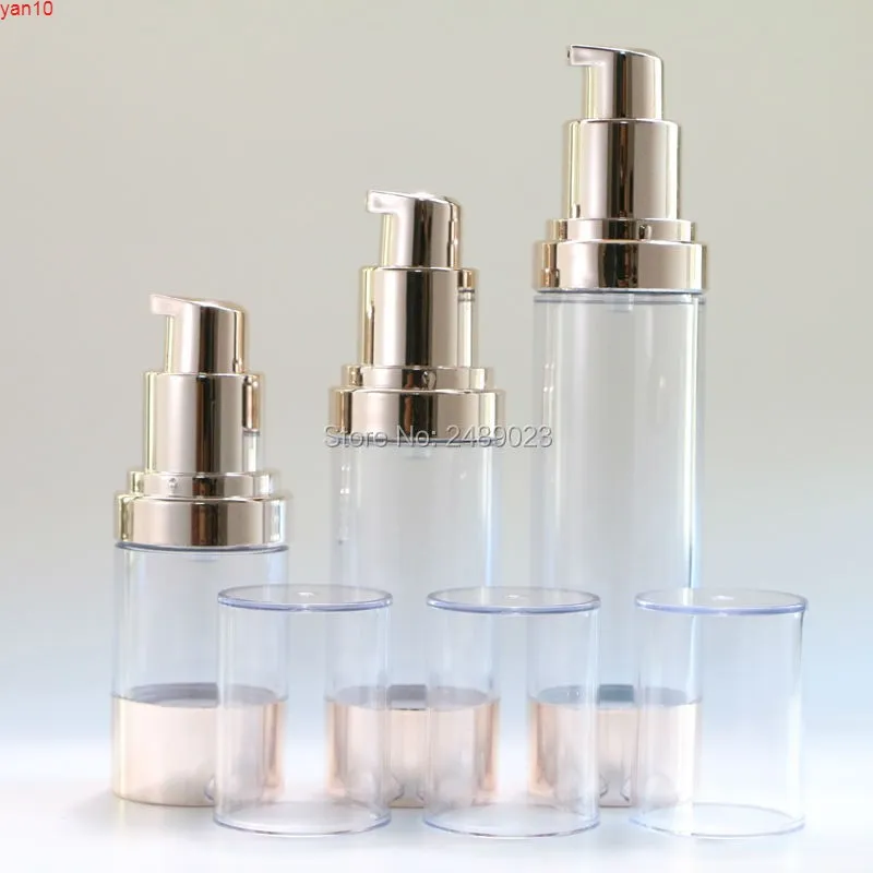 Transparente Kappe, blassgoldene Airless-Flasche, Vakuumpumpe, Lotion, nachfüllbarer Kosmetikbehälter, 10 Teile/los, 15 ml, 30 ml, 50 ml, hohe Menge