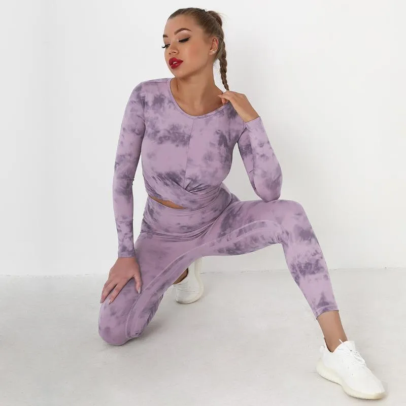 Tie-dye Yoga Abbigliamento Nude Sanding Sport Leggings fitness a maniche lunghe Conjuntos Set Donna Legging Femme Workout Set Outfit