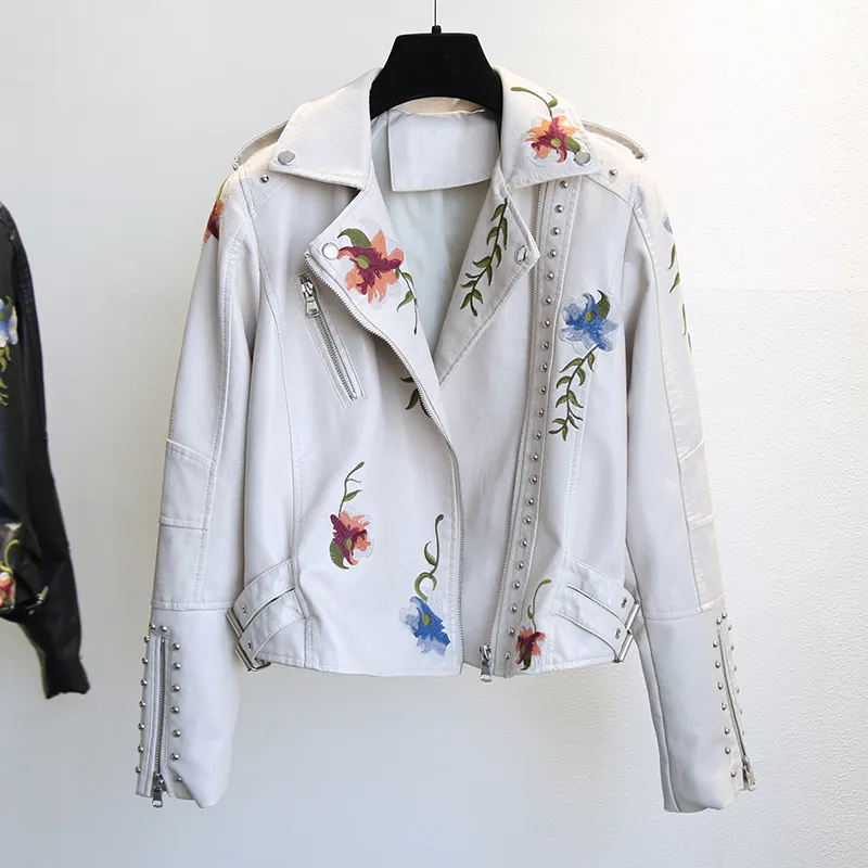 Chaqueta de piel sintética bordada con estampado Floral para primavera y otoño, chaquetas de motociclista negras para motocicleta de calle alta para mujer