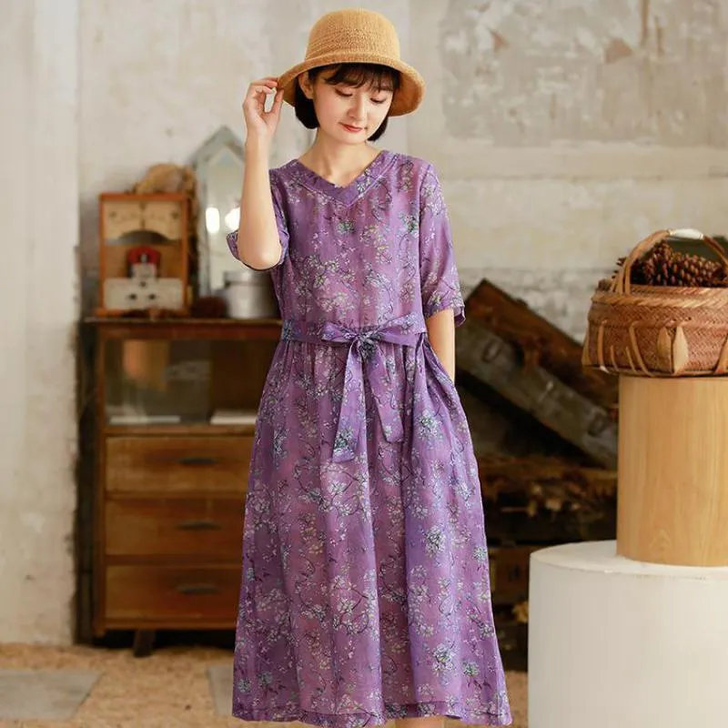 Johnature Loose Print Spring Summer Women Dress Vintage V-neck Women Clothes Purple Leisure Concise Ladies Dresses 210521