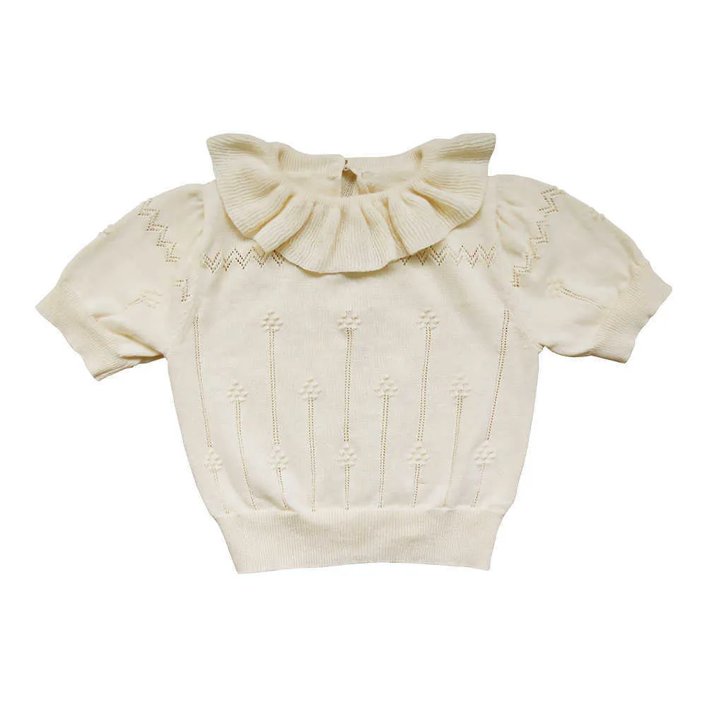 Wiosna / Summer Baby Girl Sweter Dziewczyny Retro Koronki Knitwear Dla Dzieci Miękki Hollow Krótki rękaw TOP 210701