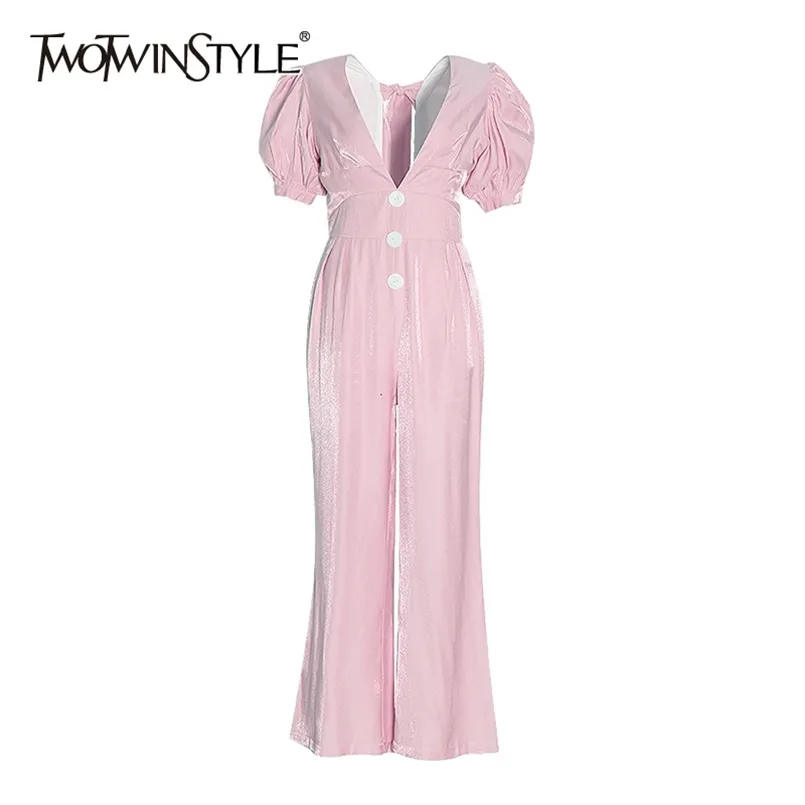 Pink Bowknot Jumpsuit For Women V Neck Puff Short Sleeve Ruched High Waist Wide Leg Pants Jumpsuits Female 210521