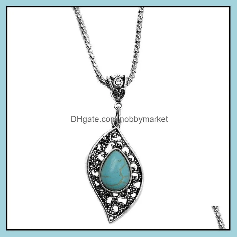 Fashion Turquoise jewelry necklace earrings set Antique Silver leaves Turquoise Pendant necklaces+earring jewelry 2pcs Set for women