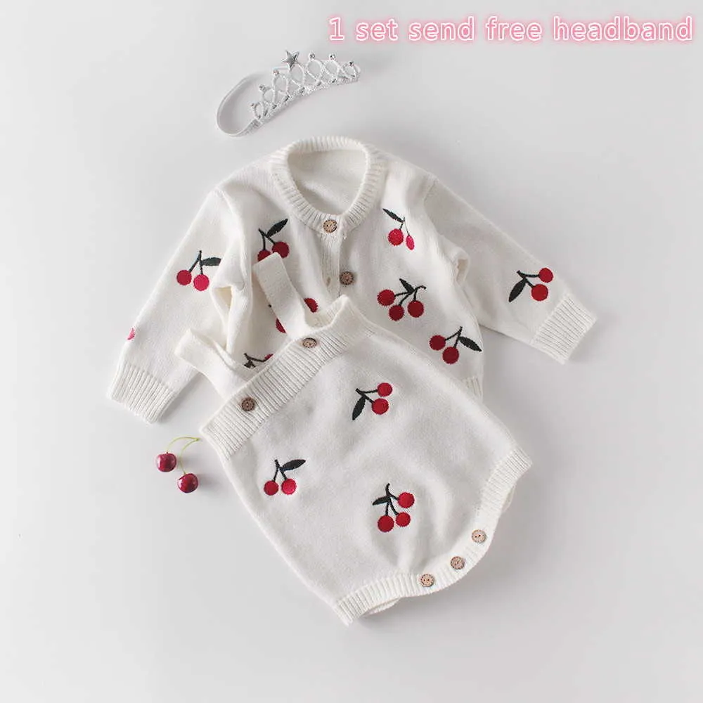 Cute Cherry Baby Girl 2PCS Sets Valentine Day Long Sleeve Sweater Coat +Romper Princess Outfits Kids Clothes 0-2Y E86023 210610