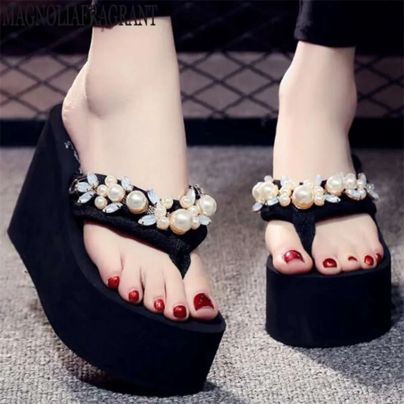 summer women sandals shiny diamond crystals handmade pearls sandal bohemia slippers wedges platform flip flops hy373 210928