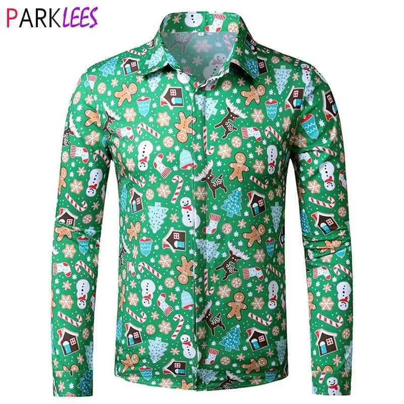 Verde Brutta Camicia di Natale Maschile Pupazzo di Neve Renna Stampa 3D Hawaiano Aloha Vacanza Camicia Uomo Natale Festa Vacanza Camicie eleganti Uomo 210522