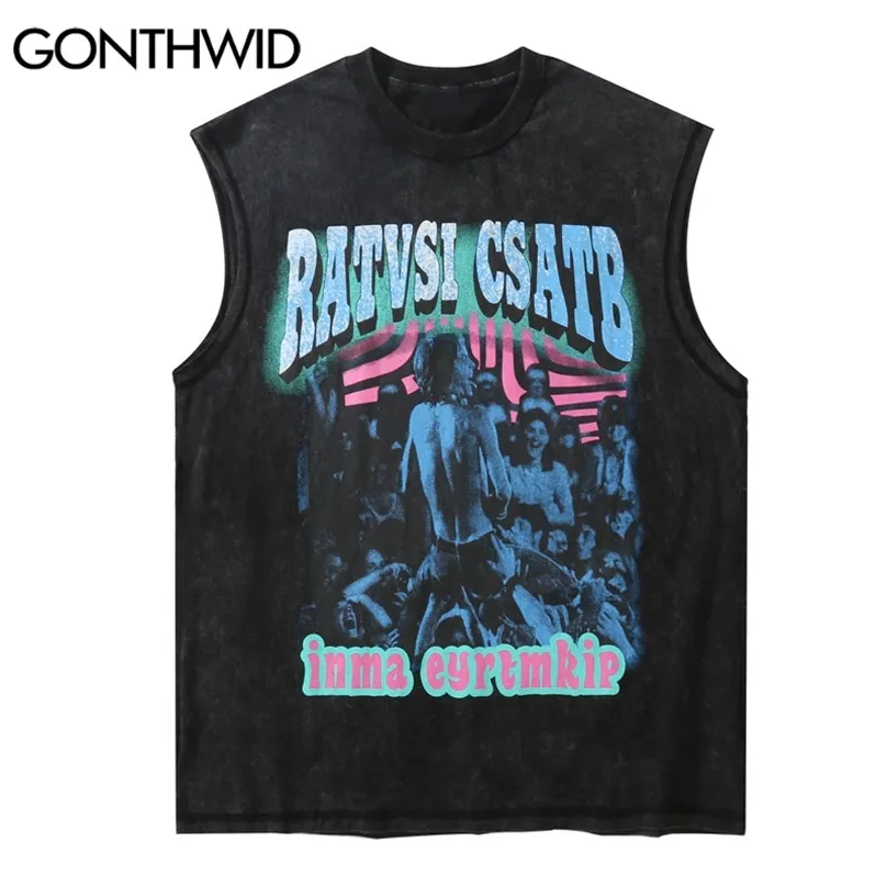Ärmlös väst Hip Hop Distressed Affisch Punk Rock Gothic Tank Toppar Streetwear Mens harajuku Casual Cotton Tees Shirts 210602
