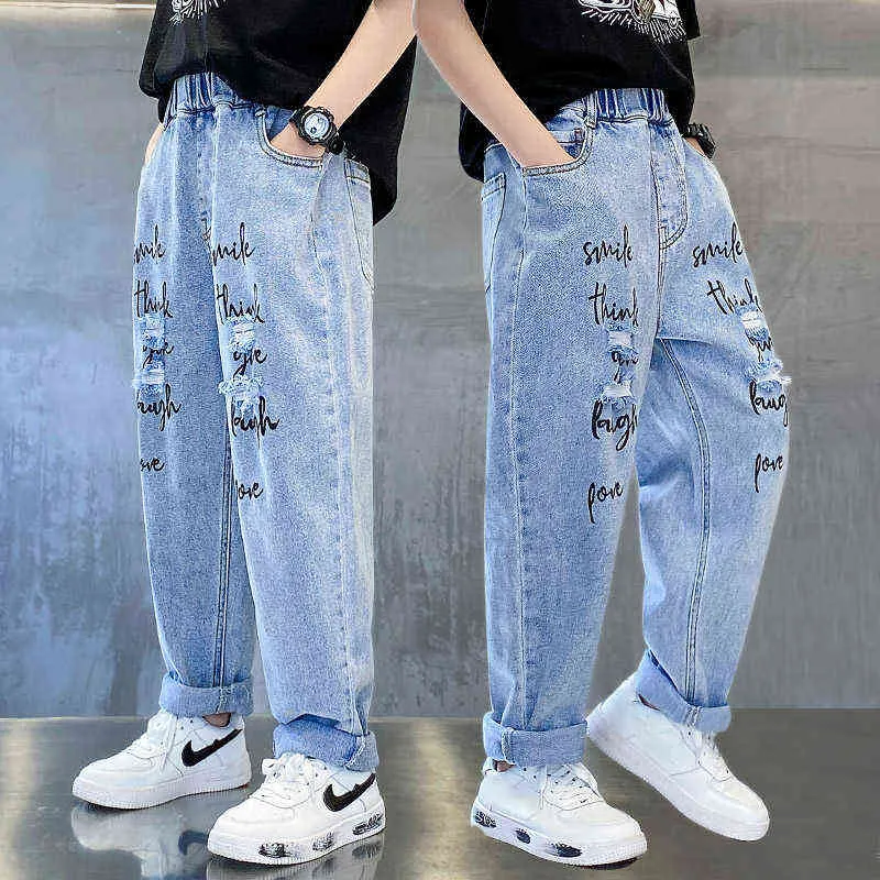 Adolescent Garçons Bleu Jeans Pantalons D'été Enfants Lâche Trou Déchiré Lettre Jeans Streetwear Denim Lavé Long Pantalon 10 12 14 Garçon vêtements G1220