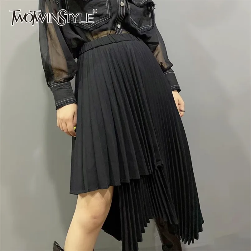 여성을위한 비대칭 주름 치마 높은 허리 불규칙한 밑단 검은 치마 여성 패션 의류 210521