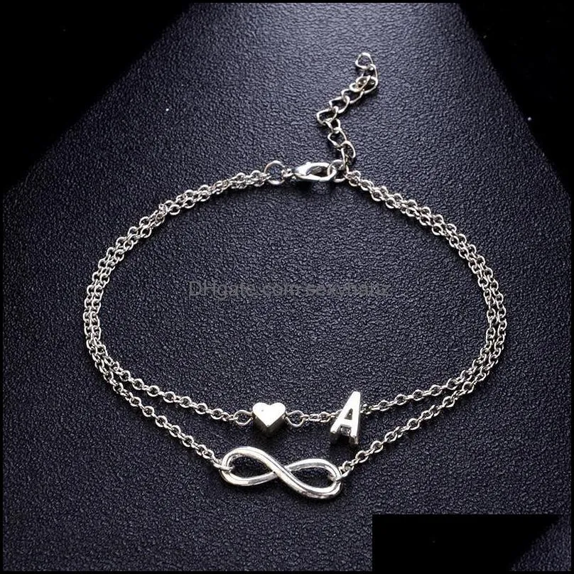 Anklets Boho Initial Anklet Heart Infinity Silver Color Ankle Bracelet On Leg Chain 26 Letter For Women Beach Foot Jewelry