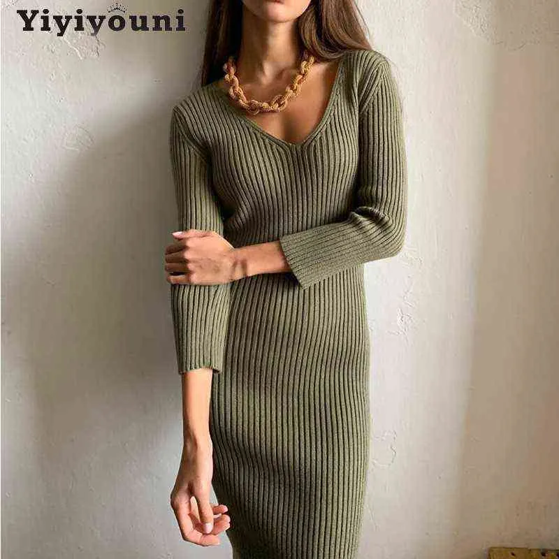 Yiyiyouni herfst v-hals gebreid bodycon jurk vrouwen knielengte gewikkeld schede lange trui jurk vrouwelijke solide vestido feminino g1214