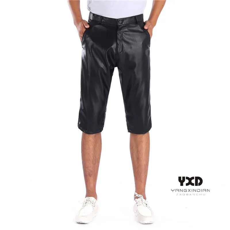 Männer Shorts Sommer Herren Casual Trend Stretch Leder Lose Mann Punk Hip Hop Streetwear Fünf-Punkte-Hosen Männlich dünn Schwarz Sechs