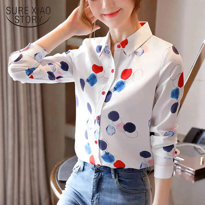 Autumn Button Cardigan Female Tops Polka Dot Long-Sleeve Blouse Office Lady Plus Size Chiffon Shirts Women 10894 210415