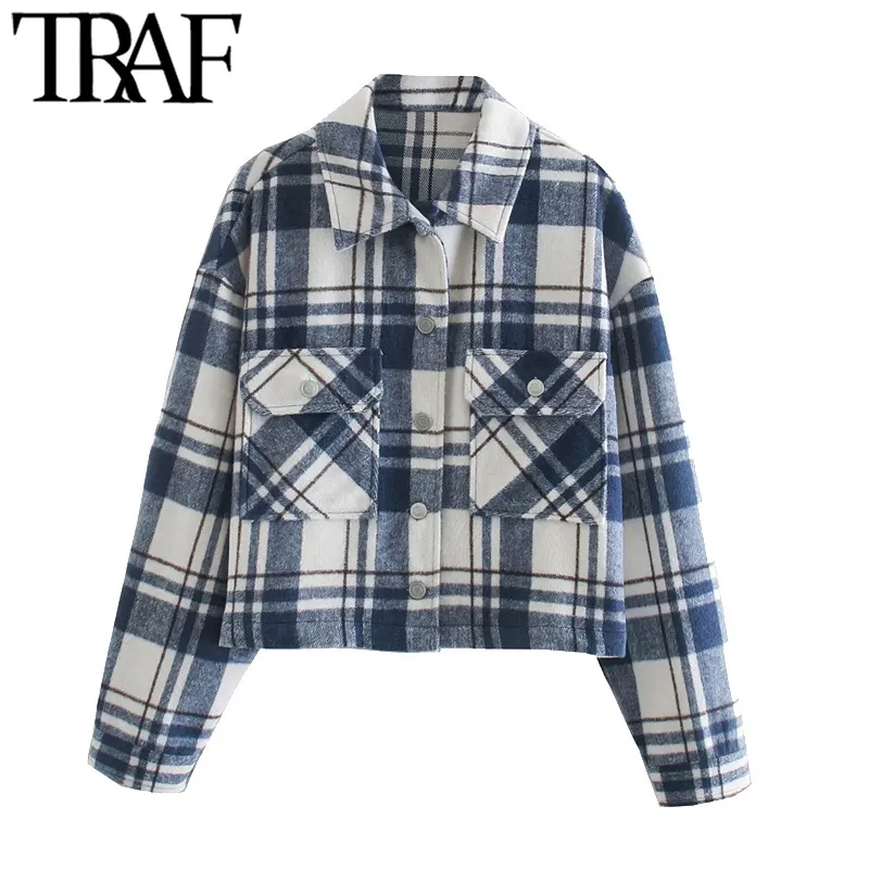 TRAF Women Fashion Oversized Check Cropped Jacket Coat Vintage Long Sleeve Pockets Female Outerwear Chic Tops 210415
