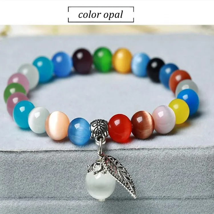 Strengen natuurlijke edelsteen kralen stretch armband kat oog steen 8mm ronde kralen chakra blad kwast kristal healing sieraden voor vrouwen mannen